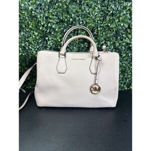 Michael Kors Women's Pebbled Leather Satchel Bag Beige Large Zip Handbag